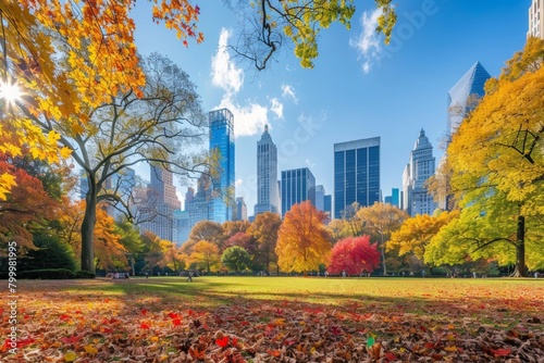 Panoramic view of a city park during the vibrant fall season, colorful foliage contrasting with skyscrapers photo