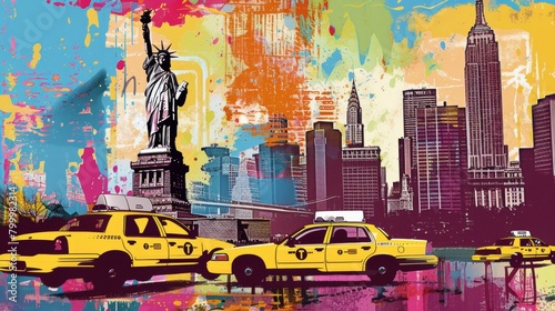 Pop art collage of iconic New York City landmarks: the Statue of Liberty, Empire State Building, yellow taxi