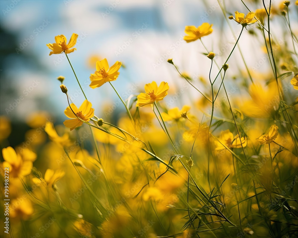 Field of bright yellow wildflowers swaying in the breeze, focus on one flower, blurred green background enhancing color