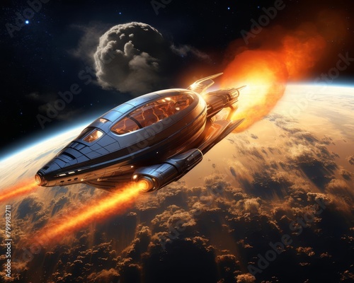 Futuristic spaceship entering Earths atmosphere, fiery reentry visible, against a backdrop of a starlit sky photo