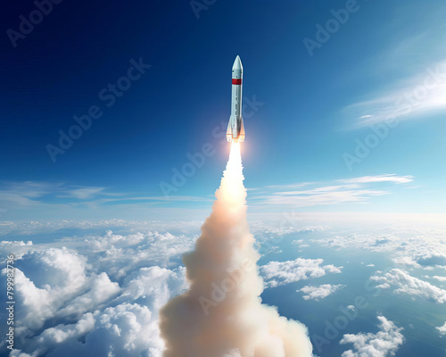 Dramatic aerial view of a rocket midflight, clear blue sky in the background, smoke trail marking its path