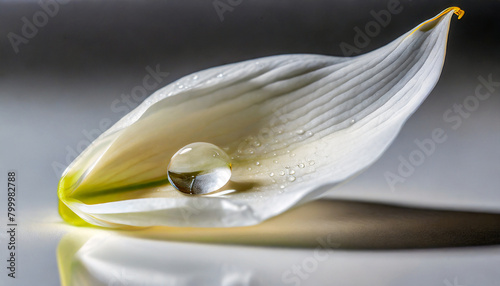 White flower petal with a single drop of water on the petal