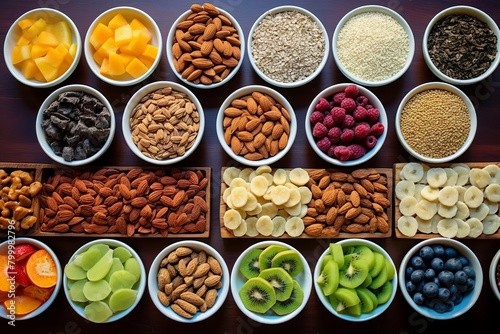Overhead shot of a cereal bar making station  various toppings like nuts and fruits  DIY healthy snack preparation
