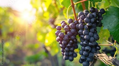 In the vineyard, black grapes hang from vines with green leaves in the background.