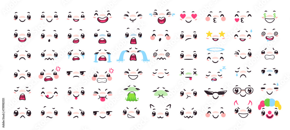 Naklejka premium Cartoon faces with different emotions. Eyes and mouth. Vector set of comic character expretions - angry, joy, crying, sad, vomit and surprised