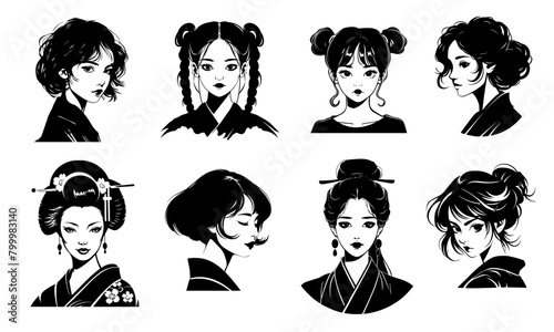 Elegant Asian women with traditional hairstyles. Set of monochrome vector logo of historical Asian females, traditional and oriental aesthetics