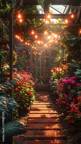 A beautiful garden with a wooden path leading through it