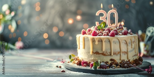 Elegant 30th birthday cake adorned with raspberries and a caramel drizzle, set against a festive backdrop.