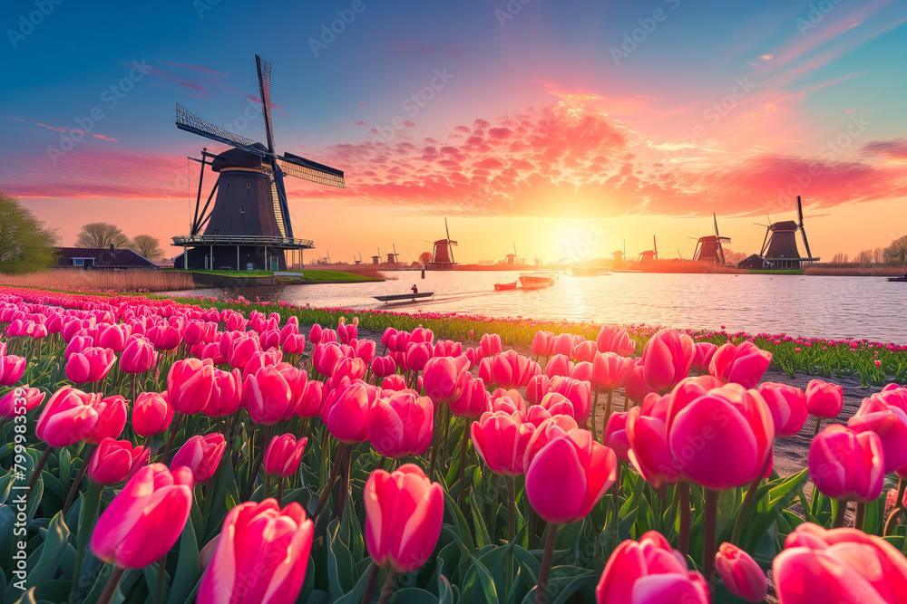 Holland. Tulips and windmills, blue sky, setting sun, beautiful sunset, rays and lights out of focus
