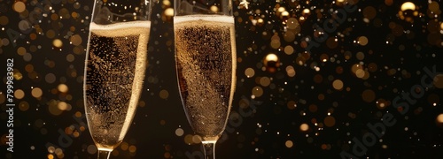 Two champagne glasses clinking with golden bubbles and glitter on a black background photo