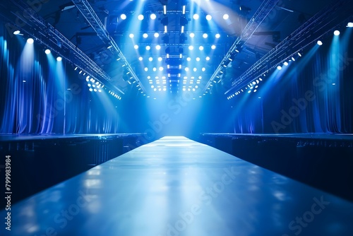 Fashion event runway with empty catwalk and bright spotlights on stage. Concept Fashion Show, Empty Catwalk, Bright Lights, Runway Event, Stage Spotlight photo