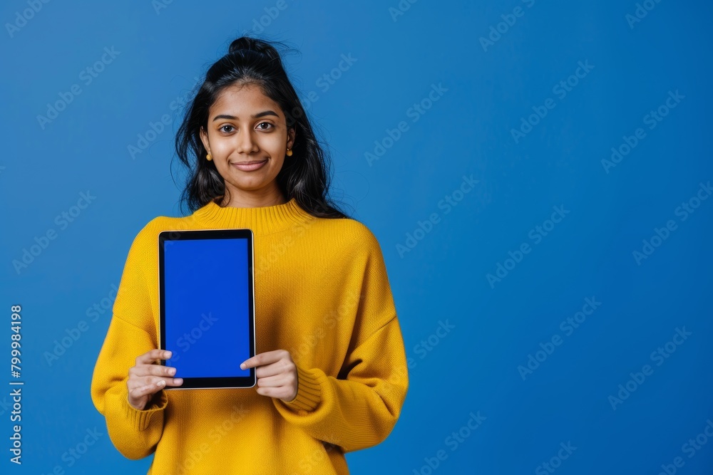 App demo indian woman in her 30s holding a tablet with a completely blue screen App demo indian woman in her 30s holding a tablet with a completely blue screen