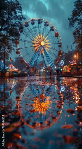 This image captures a reflective view of a ferris wheel on wet ground with glowing lights at dusk