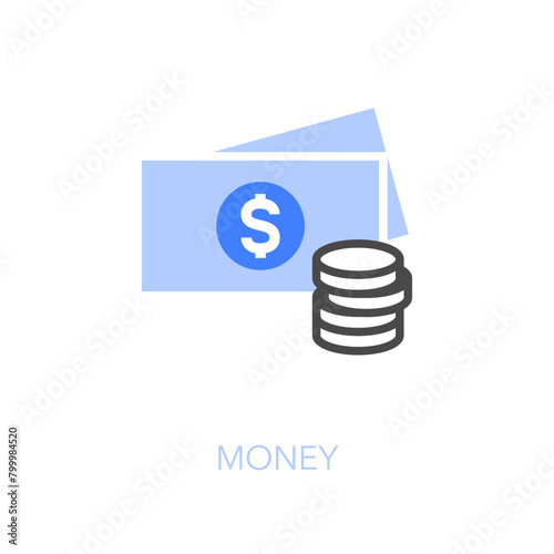 Simple visualised money icon symbol with banknotes and coins.