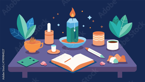 A table is set up to depict a mans personalized holistic health approach including crystals herbal supplements and a journal for reflection and.