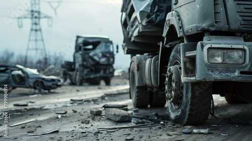 Severe vehicle accident scene showing damaged trucks and scattered debris on a road. photo