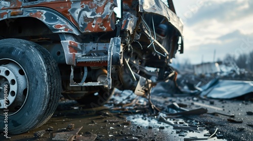 High-resolution image of heavily damaged vehicles in a post-collision scene, amidst debris. photo