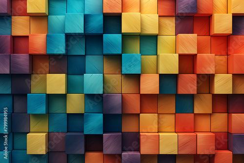 abstract colorful background made of wooden cubes, 3d render illustration