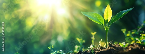 Young plant sprout grows in the soil with morning sunlight on a natural background banner design for environment and ecology concepts, representing organic life or a new beginning idea.