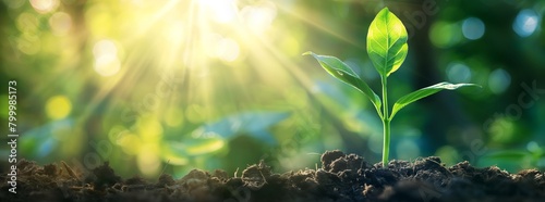Young plant sprout grows in the soil with morning sunlight on a natural background banner design for environment and ecology concepts, representing organic life or a new beginning idea. photo