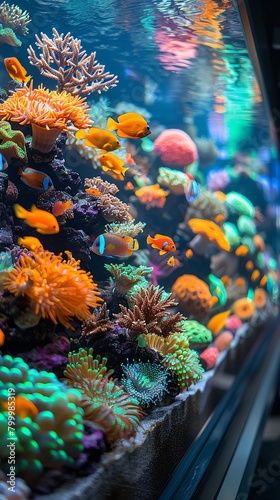 Aquarium setup with fullspectrum lighting to mimic natural habitats, showcasing vibrant marine life and coral colors photo