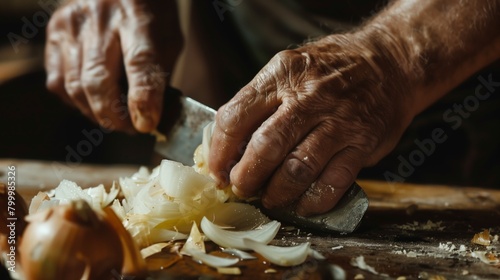 Close-up of elderly hands chopping onions on a wooden cutting board, illuminated in warm light.