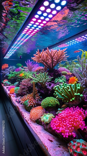 Aquarium setup with fullspectrum lighting to mimic natural habitats, showcasing vibrant marine life and coral colors photo