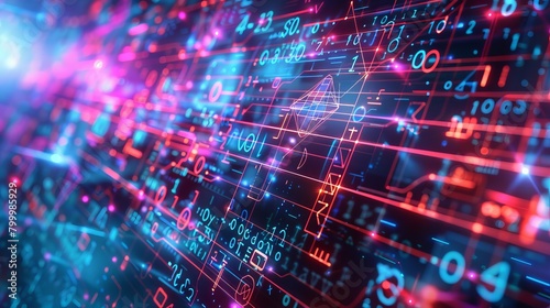 Vibrant digital seamless mathematical formulas: abstract futuristic background with math & physics symbols, mesh network grid - 3d illustration in 4k science concept