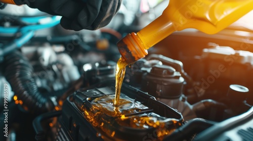 Oiling an engine with oil, shown in closeup as yellow light liquid is poured into a car's hood
