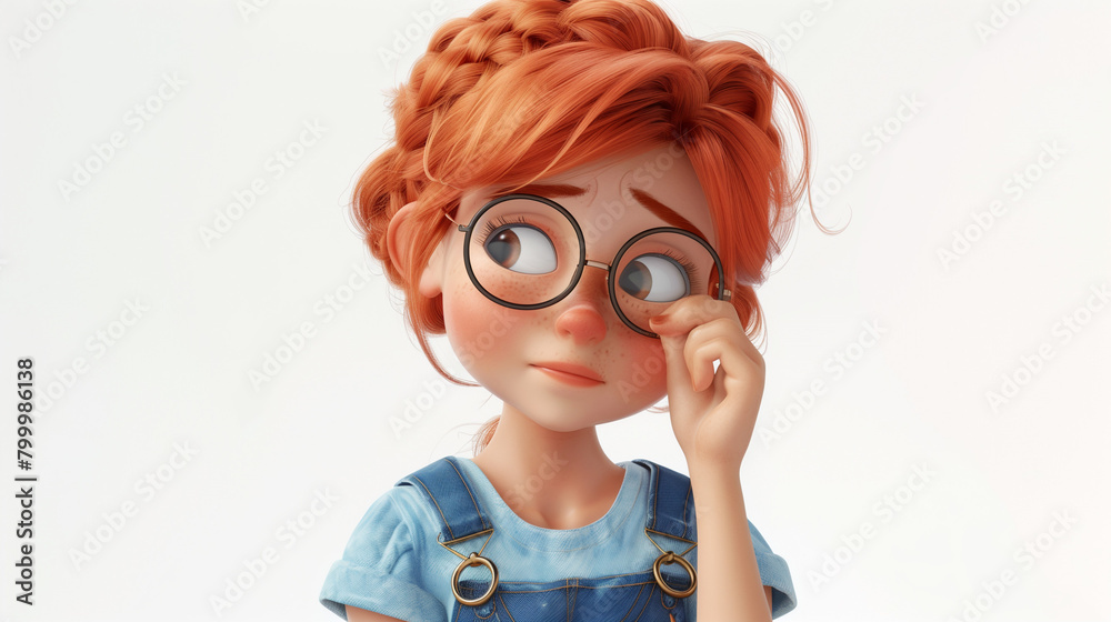 Portrait of pensive cute casual kawaii smiling funny red haired cartoon girl in glasses wears blue overalls touches her chin with hand, thinking expression over decision. 3d render