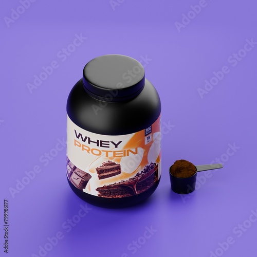3d whey protein tub supplement container, on purple background (ID: 799986177)