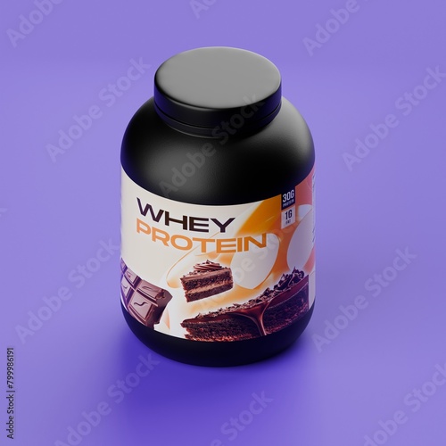 3d whey protein tub supplement container, on purple background (ID: 799986191)
