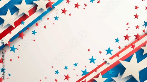 A patriotic themed banner with large and small stars in red, blue, and white with diagonally striped ribbons. photo