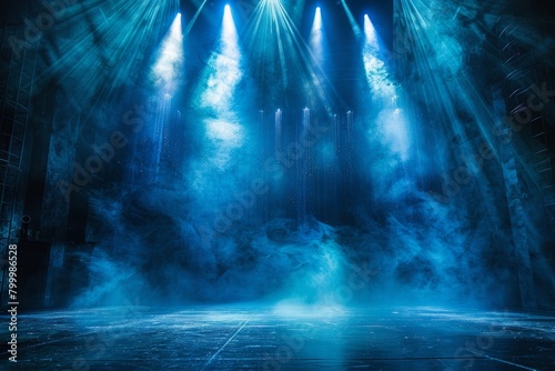 Modern dance stage light background with spotlight illuminated the stage. Stage lighting performance show. Empty stage with cool blue and green color stage lighting. Entertainment  Generative AI