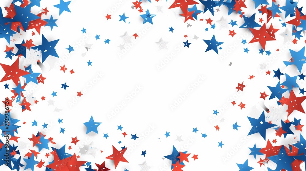 Festive border of red, blue, and white stars scattered on a white background, ideal for celebrations. Festive border of red, blue, and white stars scattered on a white background, ideal for celebrations.