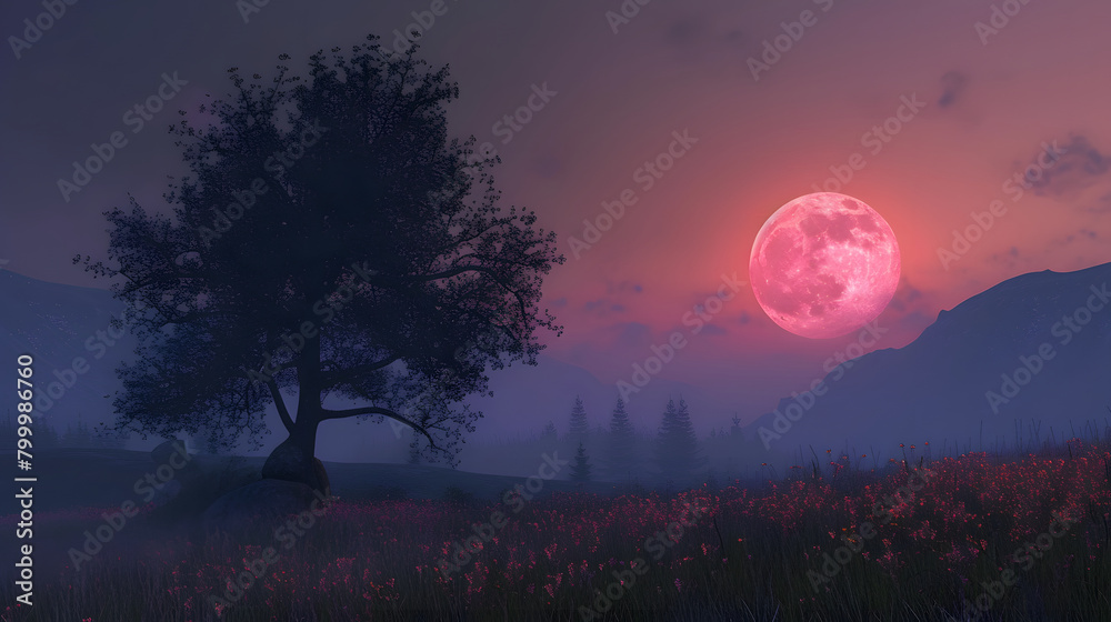 Mystical Landscape with a Pink Full Moon Mystical Landscape with a Pink Full Moon