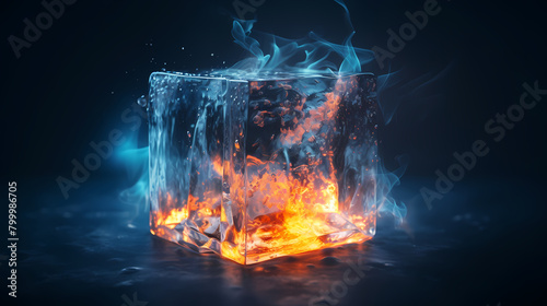 A square ice cube with fire inside