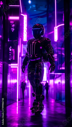 Abstract Cyberpunk Background in futuristic Neon City with one Person