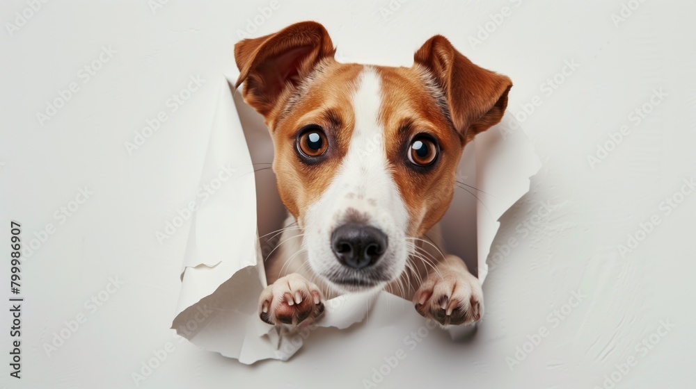 Adorable dog peeking through a white paper tear with expressive eyes, against a white background.
