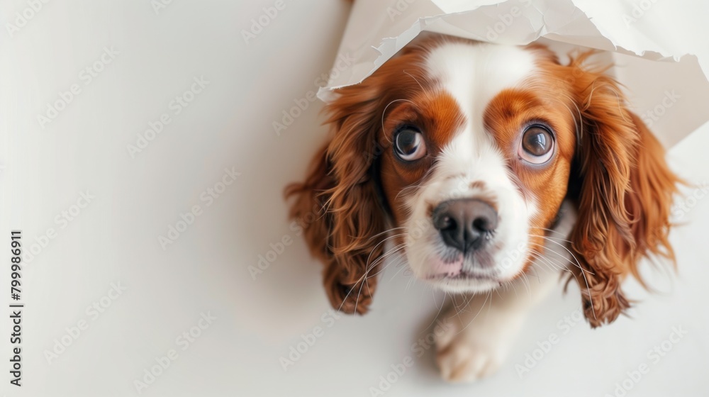 Adorable Cavalier King Charles Spaniel peering through a torn white paper.