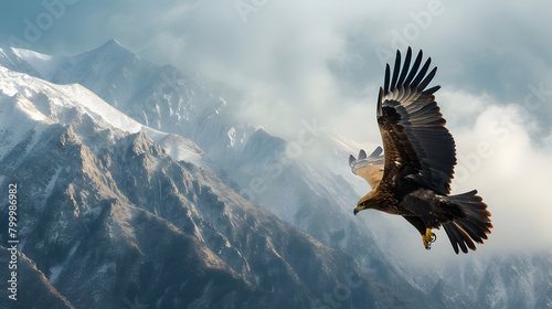 Majestic Eagle Soaring Over Snowy Mountain Peaks