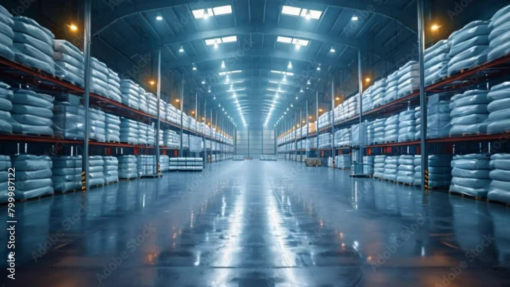 White bags and high storage racks in large warehouse. White bags and high storage racks in large warehouse.