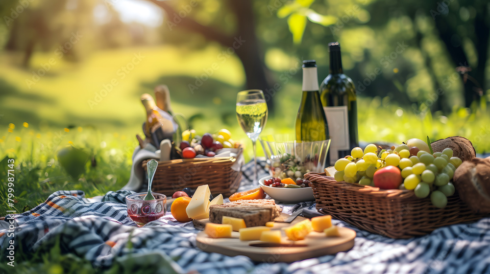 Summer Picnic Setup with Wine, Cheese, and Fresh Fruits in Sunny Park
