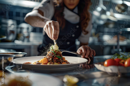 Elegant Shot of a Female Chef's Hands Finishing a Dish, Capturing the Moment Her Skill Enhances the Texture and Colors of the Food