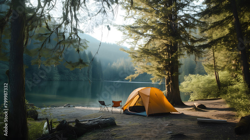 Serene Camping Site with Orange Tent Under Sunlit Trees by Rocky Canyon