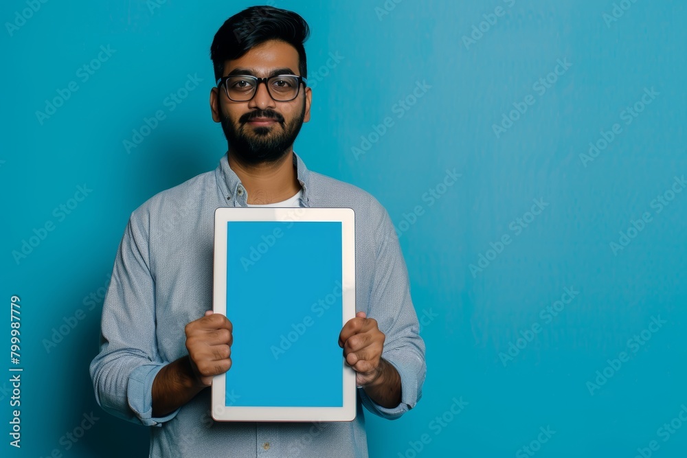 Display mockup indian man in his 20s holding a tablet with a fully blue screen