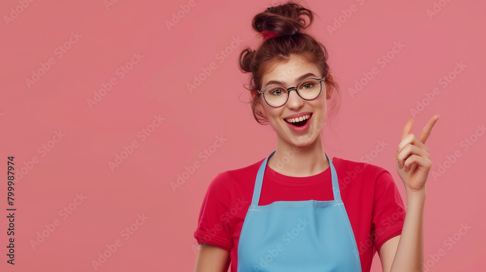 pointing her finger to empty copy space for advertising. Minimal style. 3d, portrait of smiling positive funny casual brunette cartoon girl in glasses wearing blue apron, red t-shirt showing you way pointing her finger to empty copy space for advertising. Minimal style. 3d, portrait of smiling positive funny casual brunette cartoon girl in glasses wearing blue apron, red t-shirt showing you way