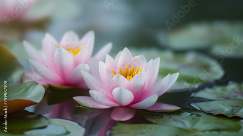 Tranquil Water Lilies in Bloom with Raindrops on Pond Leaves