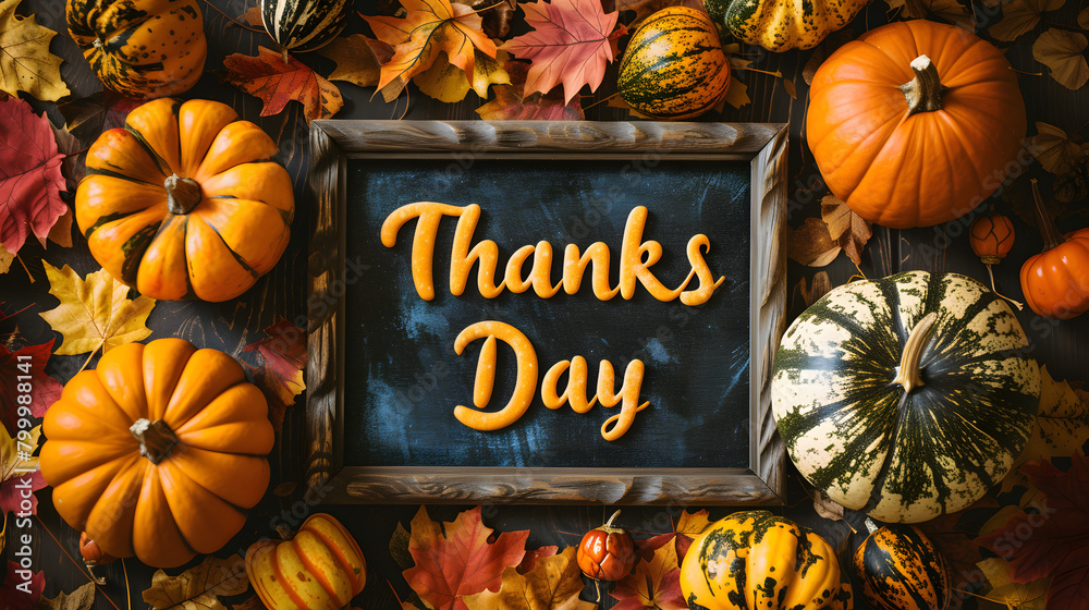 Thanksgiving Day Sign Surrounded by Autumn Leaves and Pumpkins