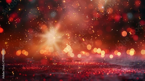 Abstract background of red bokeh lights with glittering and sparkling effects on a dark surface.